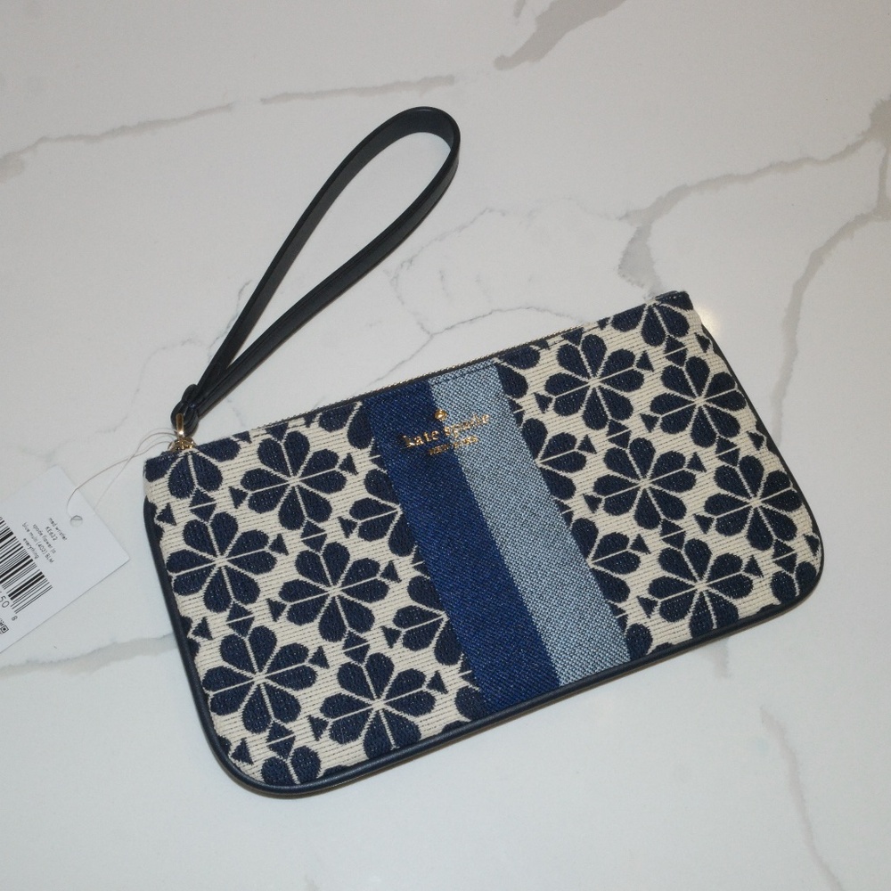 NWT Limited Edition Flower Jacquard Stripe Medium Wristlet Blue | Kate Spade